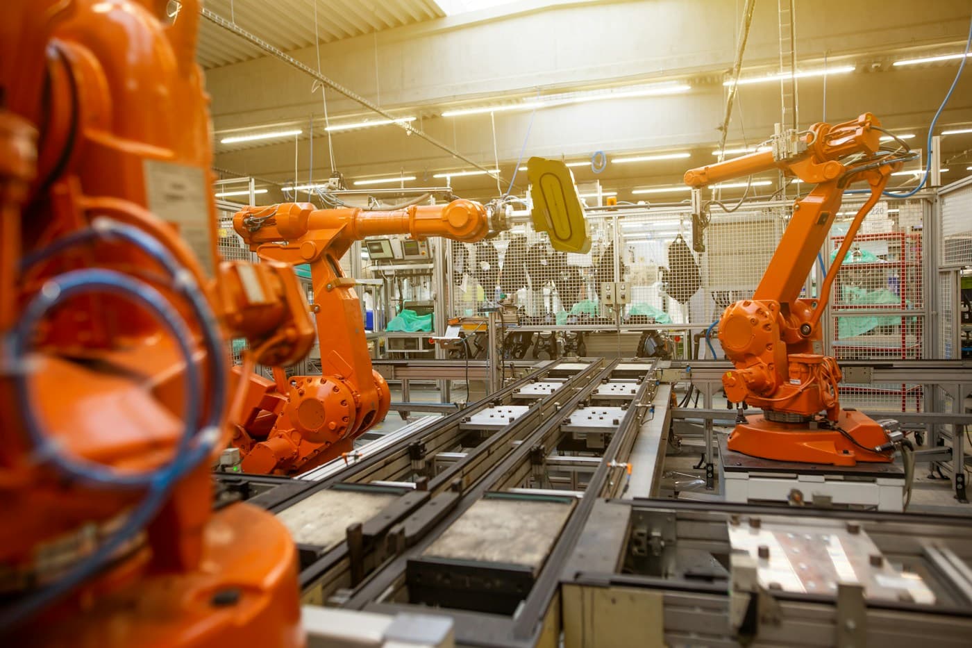 Industrial robotics on a factory assembly line